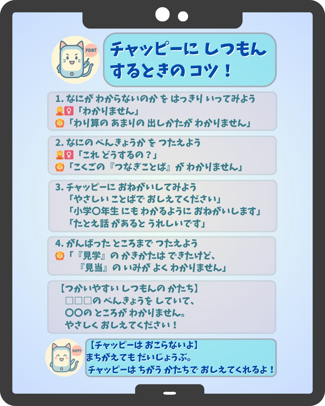 ChatGPTへ質問するときのコツ！を表にまとめてあります。1.何がわからないのかをはっきりいってみよう。 2.何の勉強かを伝えよう。 3.チャッピーにお願いしてみよう。 4.頑張ったところまで伝えよう。