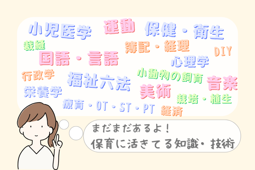 保育士の専門性を表した挿絵。子どもとの関わり、発達を見つめる技術、保育の基盤となる知識、保育園運営・経営に関わるものなどを表記している。