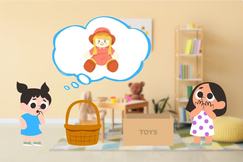 [サリーとアンの課題]を表現した挿絵です。床にゆりかご、おもちゃ箱が置かれています。両端には二人の女の子が立っていて、一人の女の子は自分の人形を探しています
