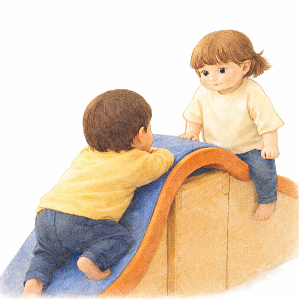 マット遊びをしながら、あちらとこちらから子どもが登ってきている。子どもたちはどうするのかな？