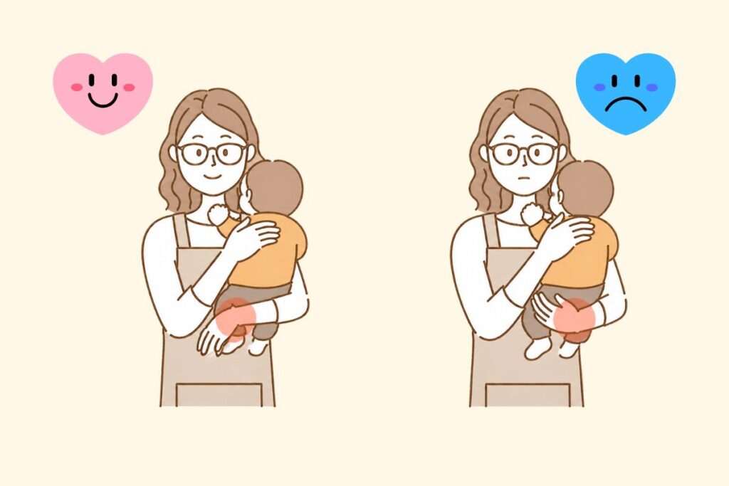「腱鞘炎を防ぐ縦抱っこの仕方」解説。左に手首に負担の少ない抱っこ、右に手首に負担のかかる抱っこの仕方を解説している。手首は返さず、前腕全体で子どものお尻部分を支えると、手首への負担は減ります。(How to hold your baby to prevent tendinitis: Supporting the child's bottom with your forearm reduces strain on your wrist.)
